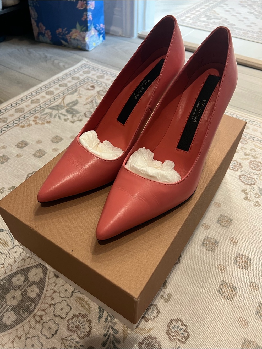 Via Spiga Coral-Red Pointed Toe Leather Pumps